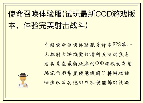 使命召唤体验服(试玩最新COD游戏版本，体验完美射击战斗)
